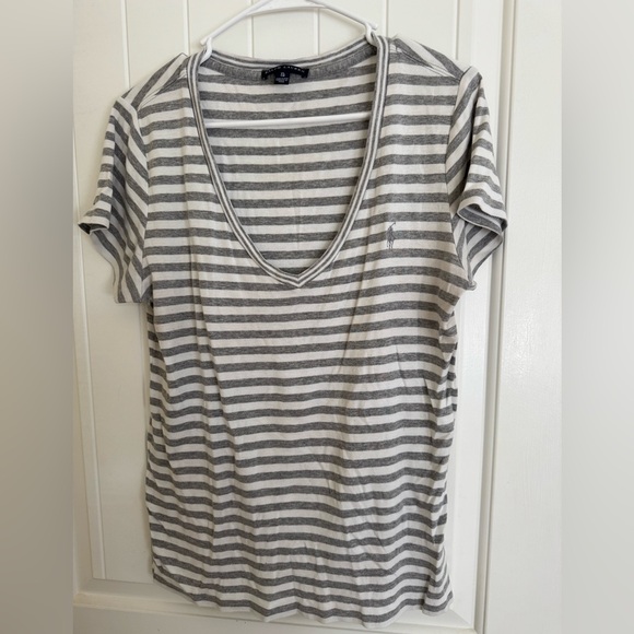 Women’s Ralph Lauren Striped Gray V-Neck Women’s Top - Picture 1 of 3